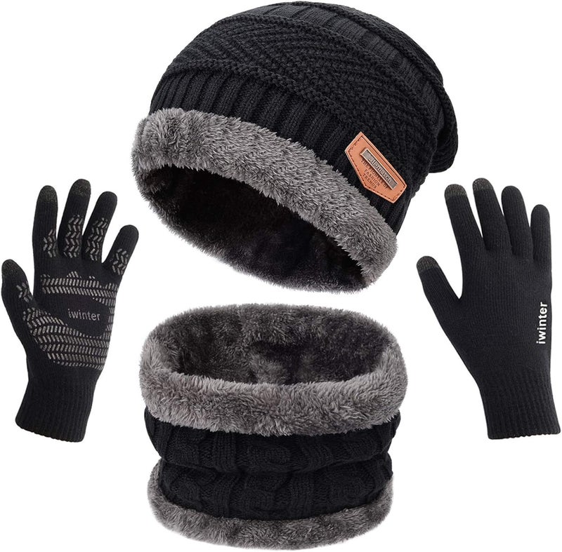 MAYLISACC Winter Knit Beanie Hat Neck Warmer Scarf and Touch Screen Gloves Set 3 Pcs Fleece Lined Skull Cap for Men Women - Image 1
